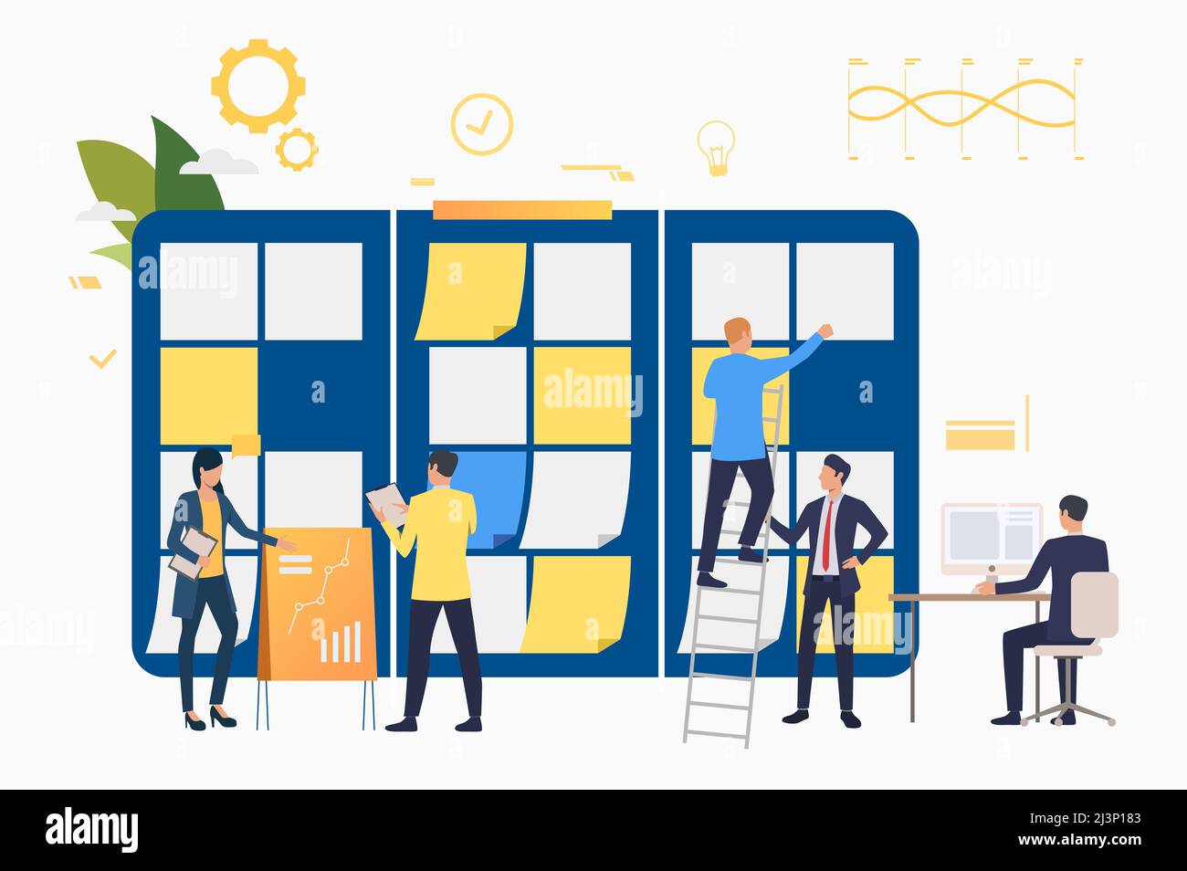 Marketinggruppe arbeitet an der Präsentation. Scrum-Meeting, Teamarbeit, Aufgabenliste. Geschäftskonzept. Vektorgrafik kann für Präsentationsfolien verwendet werden Stockfoto