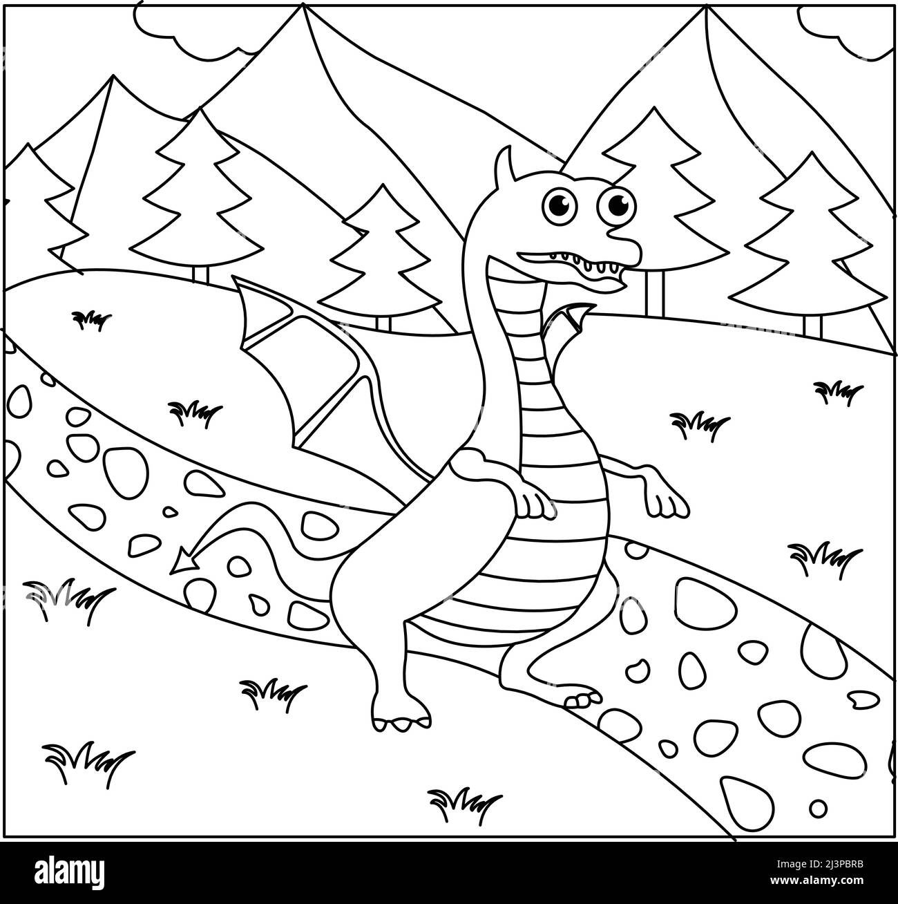 (Dragon Coloring Page: 25) netter Drache mit Natur, grünem Gras, Bäumen auf dem Hintergrund, Vektor schwarz-weiß Malseite. Stock Vektor