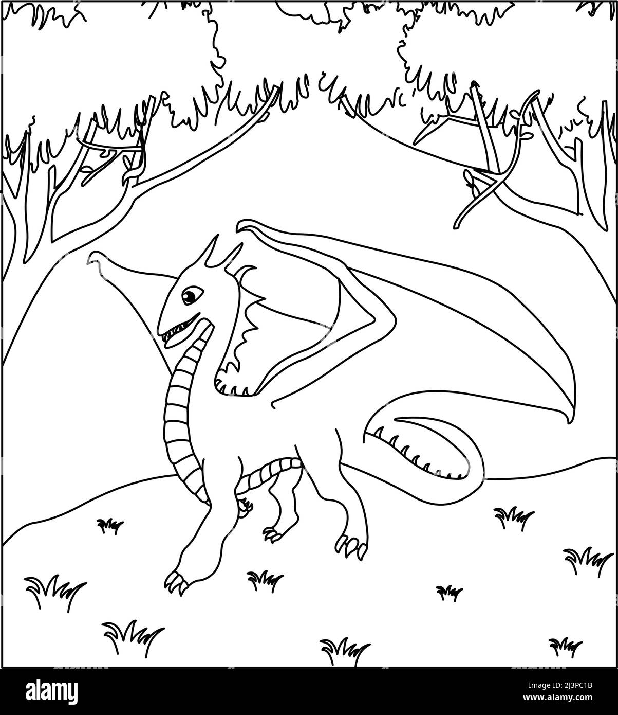 (Dragon Coloring Page: 26) netter Drache mit Natur, grünem Gras, Bäumen auf dem Hintergrund, Vektor schwarz-weiß Malseite. Stock Vektor