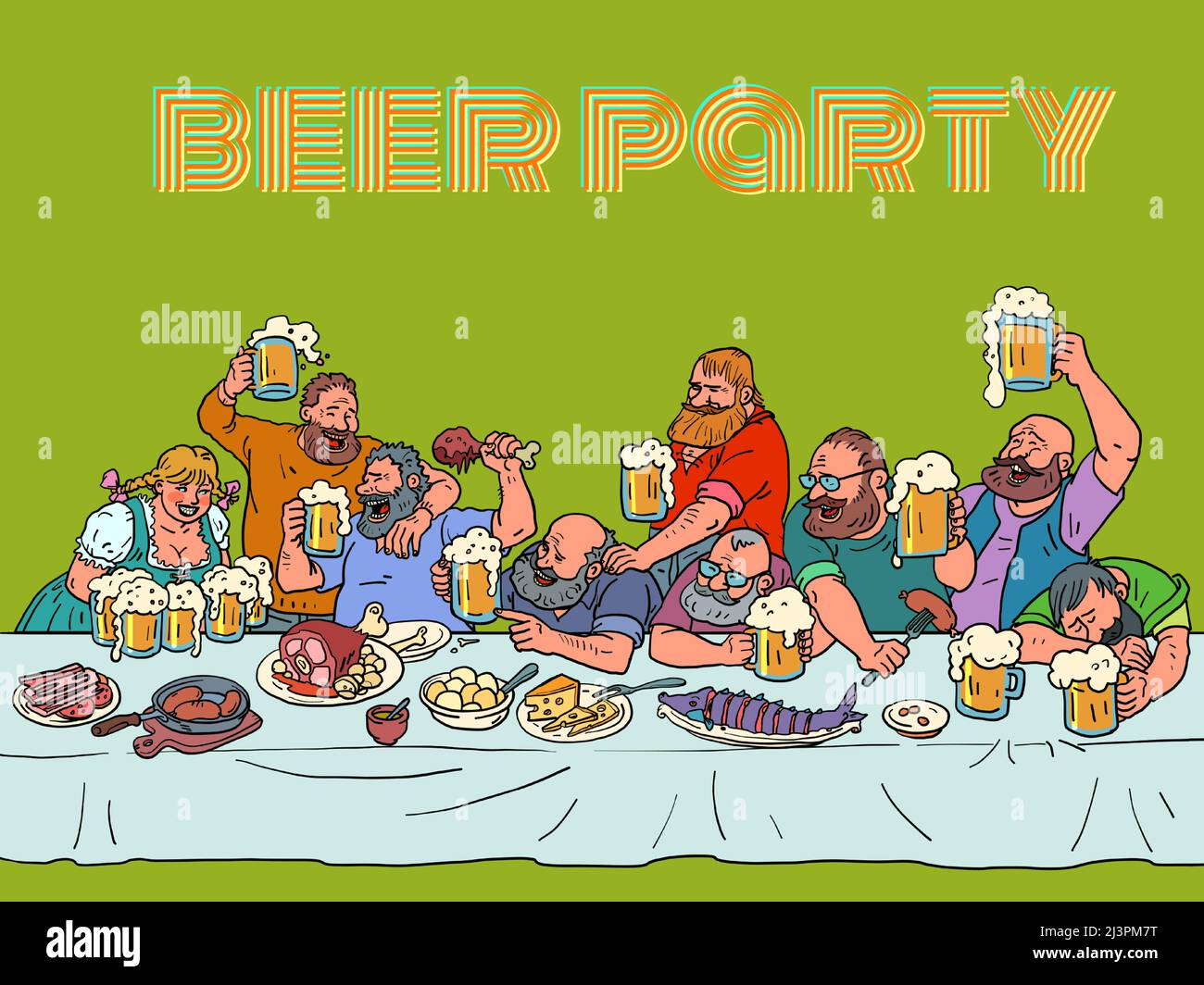 Bierfest, oktoberfest. Männer trinken Bier in einem Restaurant, sitzen an einem Tisch Stock Vektor