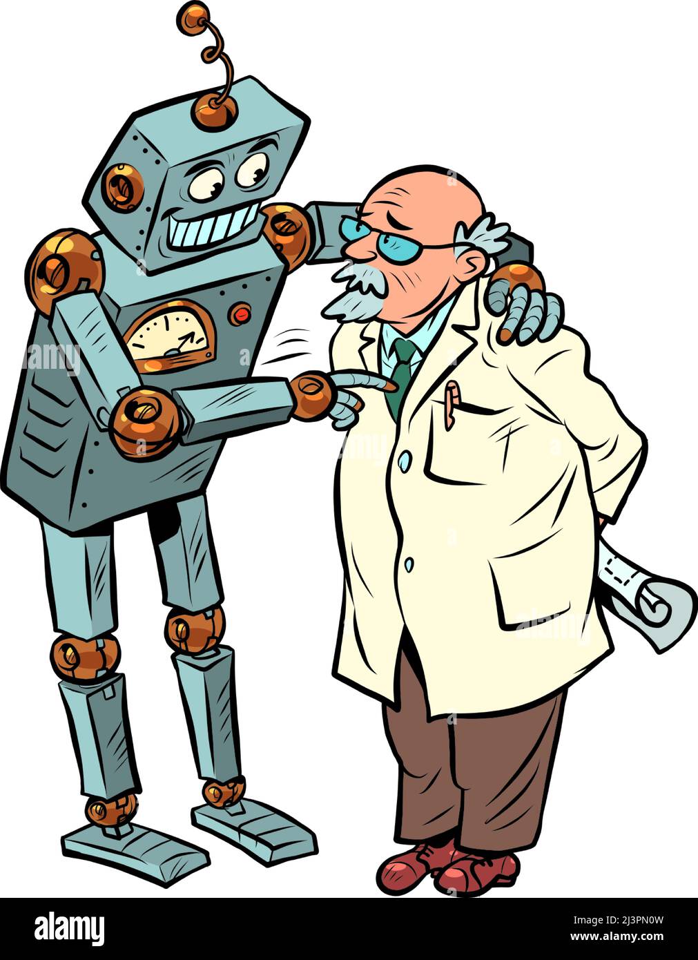 Der Roboter spricht mit dem Professor, der künstlichen Intelligenz und dem menschlichen Geist. Zwei Freunde Stock Vektor