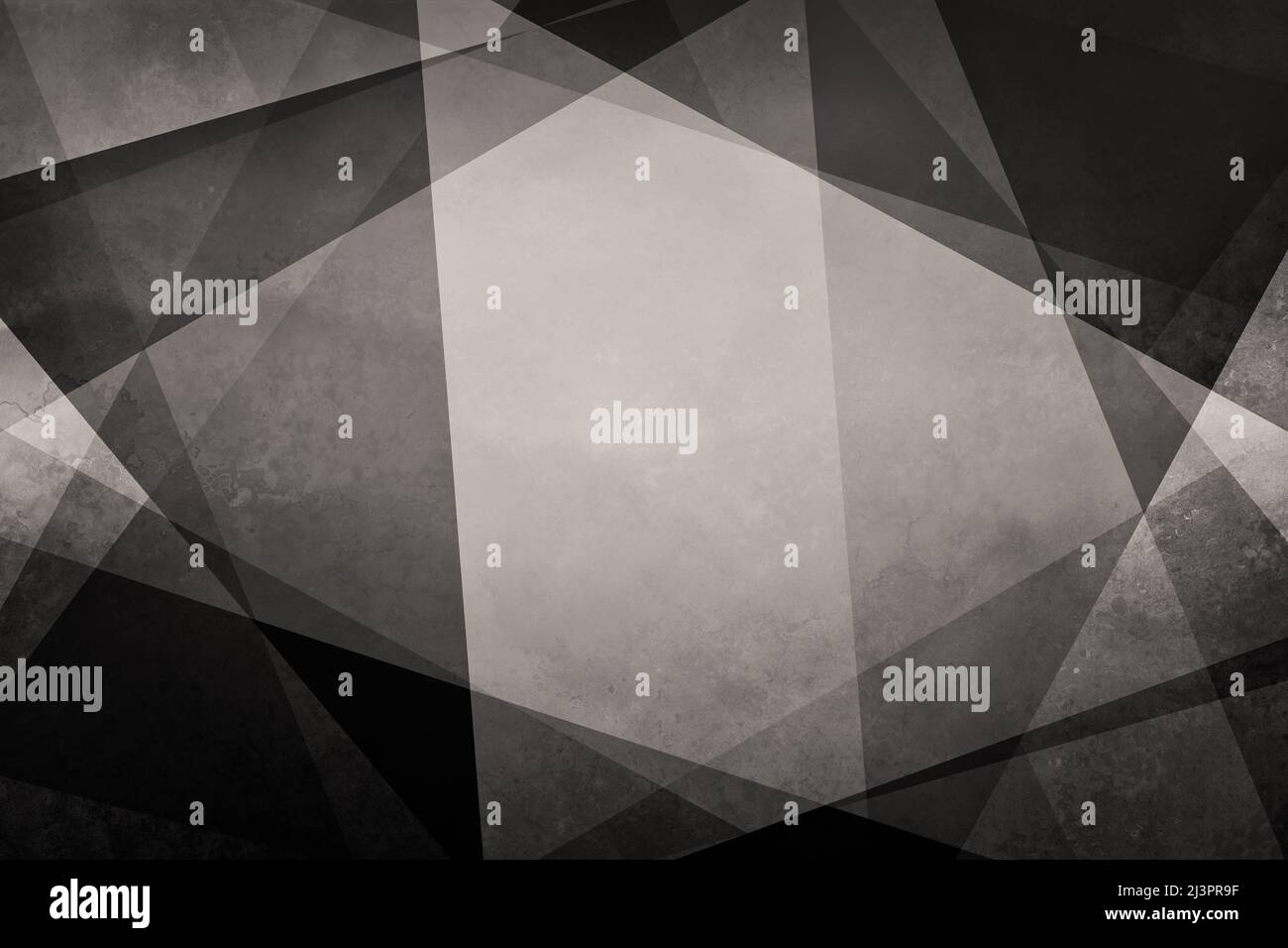 Schwarz-Weiß moderner abstrakter Hintergrund, geometrisches Muster aus Winkeln und Dreiecksformen, mehrschichtiges Design, Textur und grunge diagonale Streifen Stockfoto
