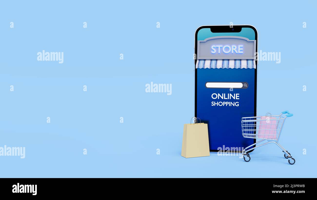 Online-Shopping-Schnittstelle für mobile Anwendungsseite. Einkaufstasche und Warenkorb. Modernes Flat Design Konzept der Landing Page Website und Mobile W Stockfoto