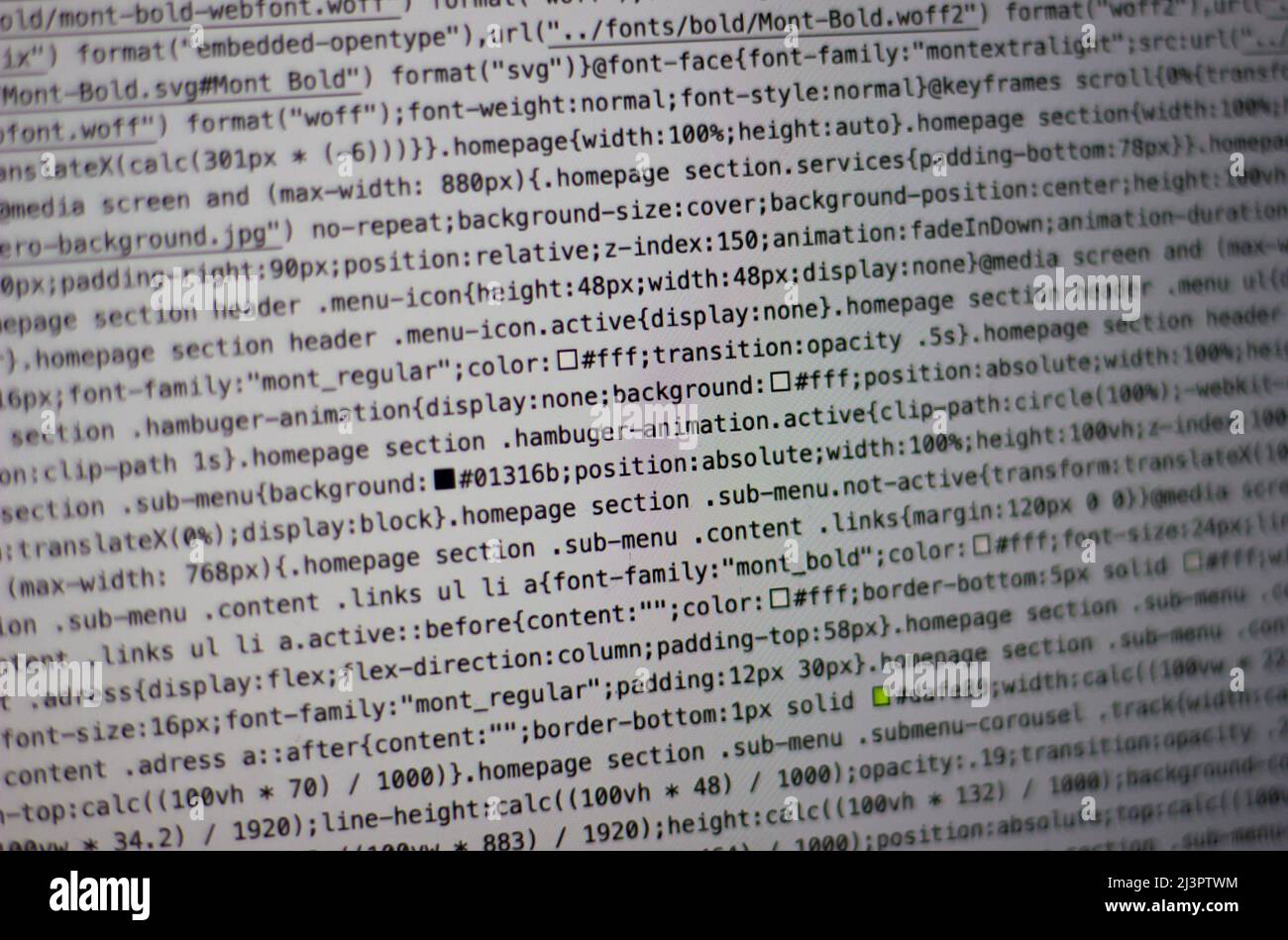 Codehintergrund. Web-Programmiersprache vom Entwickler geschrieben. HTML-, CSS-, javascript- und Web-Programmiercodes im Code-Editor Stockfoto