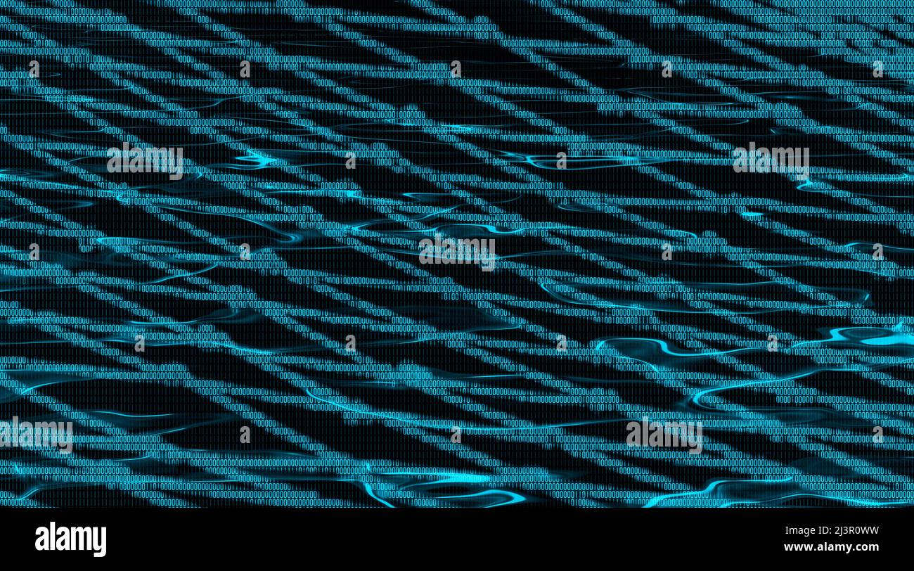 Abstrakte Textur des blauen digitalen Netzwerks mit einem Hauch von welliger Wasseroberfläche auf schwarzem Hintergrund. Künstlerisches Konzept des Digitalisierungsnetzes in der Informationsfalle. Stockfoto