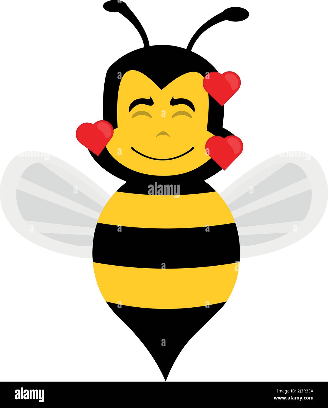 Vektor-Illustration einer Cartoon-Biene, mit einem glücklichen Ausdruck, der Liebe und umgeben von Herzen Stock Vektor