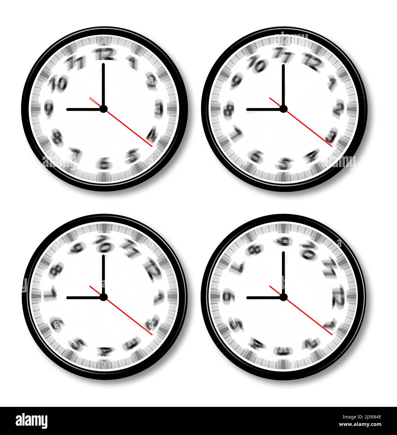 Die Uhren drehen sich, während die Zeiger in einer 3-d-Darstellung über Zeit und Relativität der Zeit in derselben Position bleiben. Stockfoto