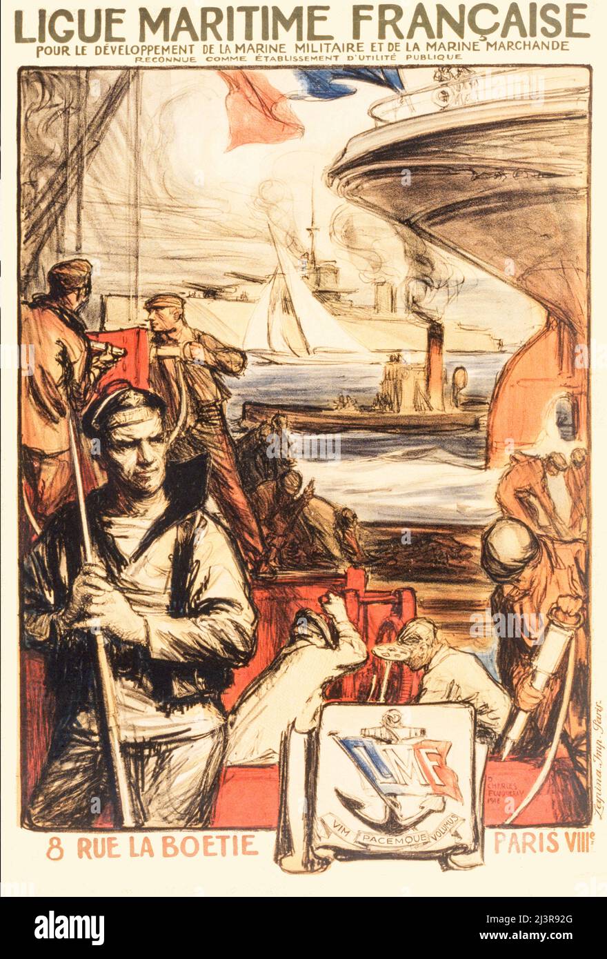 Ein französisches Werbeplakat aus dem ersten Weltkrieg aus dem frühen 20.. Jahrhundert, 1914-1918, das Seefahrer zeigt, die auf einem Schiff im Dock arbeiten. Der Künstler ist Charles Fouqueray (1869-1956) Stockfoto