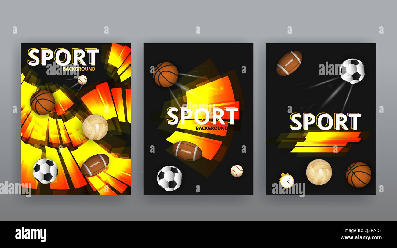 Sportgeräte Hintergrund, Ballsport, Basketball, Fußball, Fußball, Tischtennis, Tennis, Tischtennis, Stopper, Baseballspiele, Volleyball. Poster-Set, f Stock Vektor