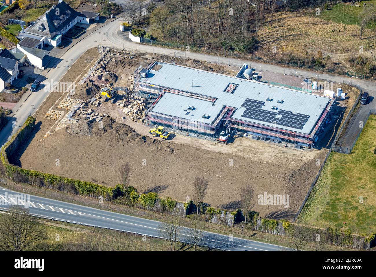 Luftaufnahme, Baustelle und Neubau an der Straßenecke zur Oldenburg zur Waterlappe in Neheim, Arnsberg, Sauerland, Nordrhein-Westfalen Stockfoto