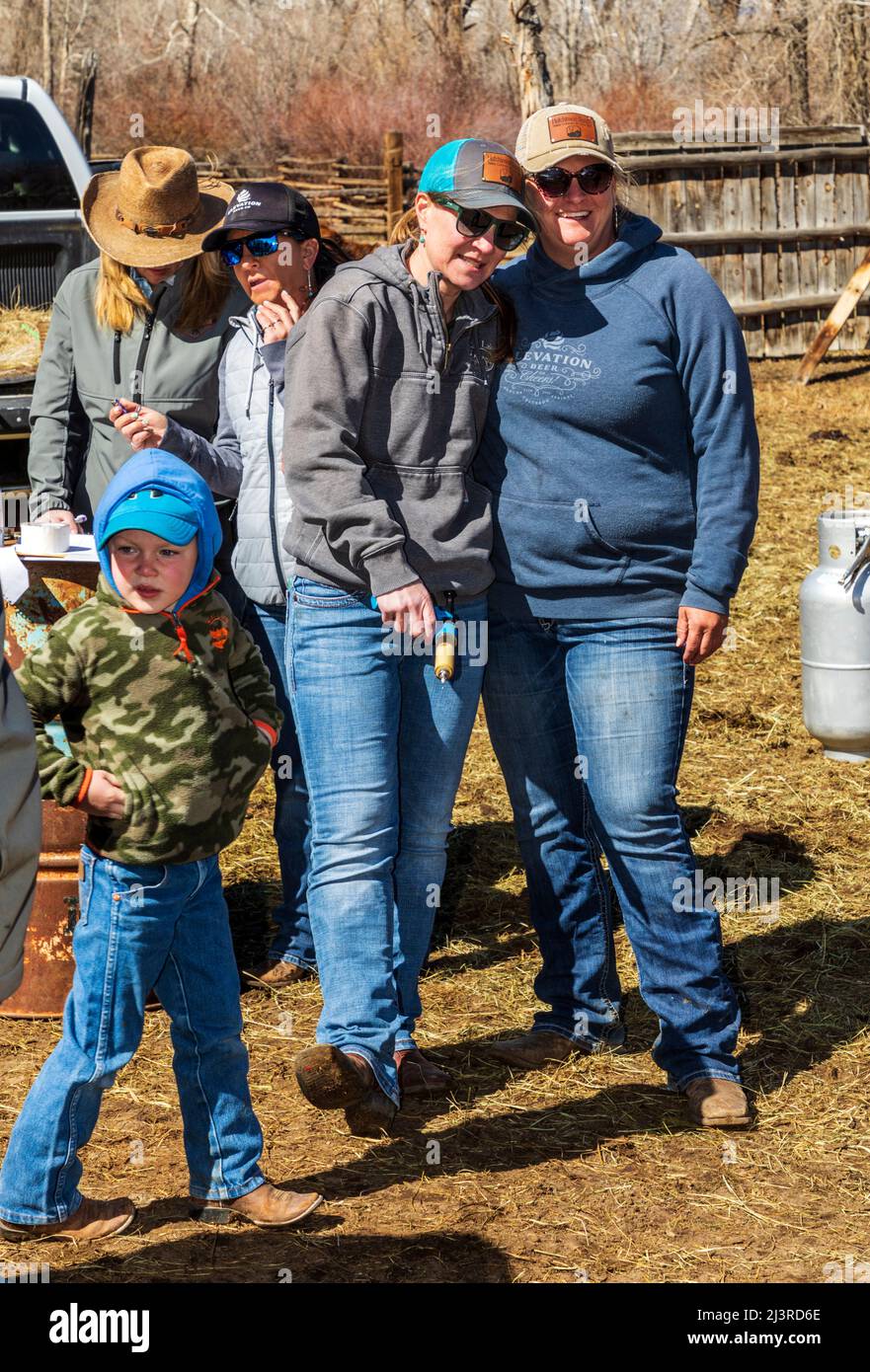 Freunde treffen sich auf einer Frühlingsmarkenveranstaltung auf der Hutchinson Ranch in der Nähe von Salida: Colorado; USA Stockfoto