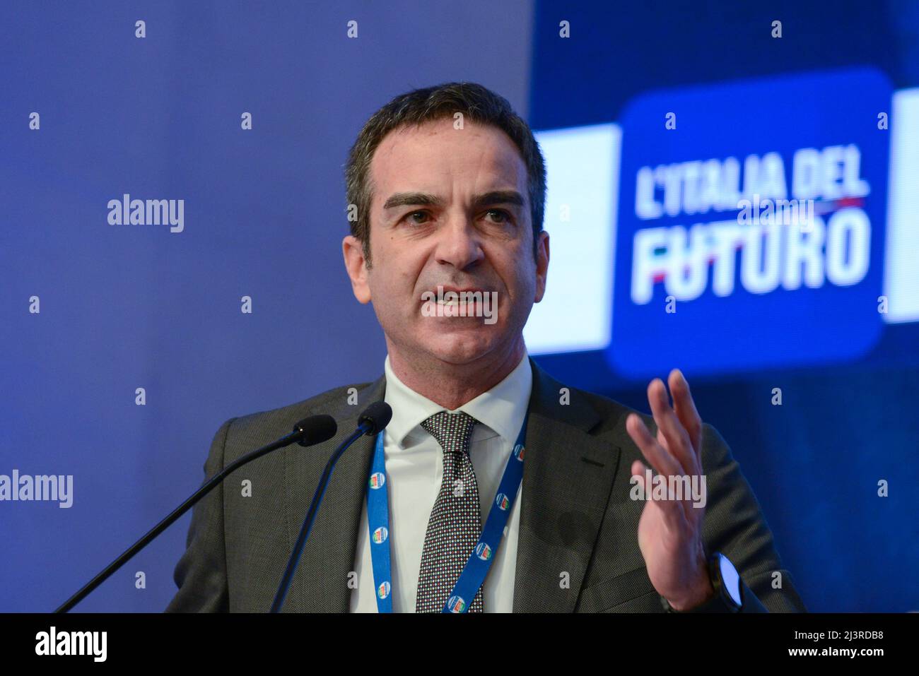 Hotel Parco dei Principi, Rom, Italien, 09. April 2022, Roberto Occhiuto, Präsident der Region Kalabrien, am zweiten Tag der Veranstaltung „L’Italia del futuro“, die von der politischen Partei Forza Italia organisiert wurde. Die Veranstaltung endet mit der Intervention von Silvio Berlusconi, dem Anführer von Forza Italia. - Nachrichten Stockfoto