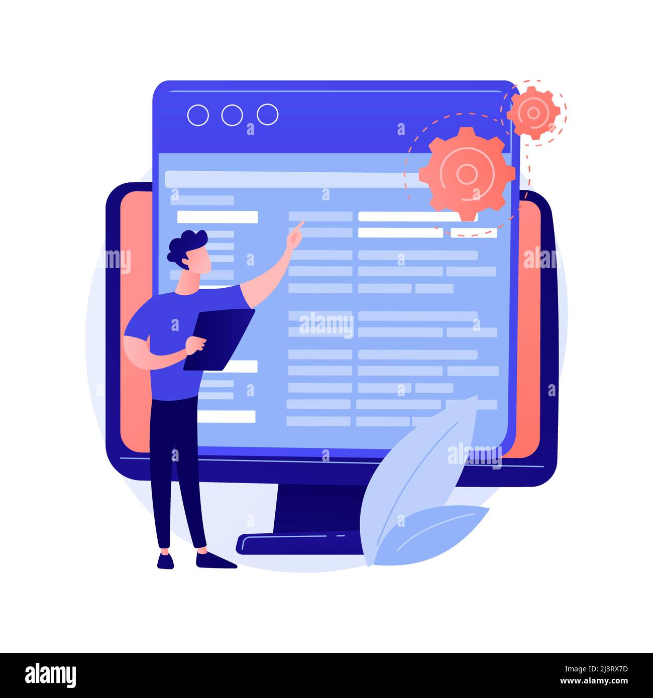 Codierung und Website-Entwicklung. Technischer Support. Programmiertechnik. Codierer, Web-Entwickler, Computer-Software. Programmierer männlich flachen Charakter. V Stock Vektor