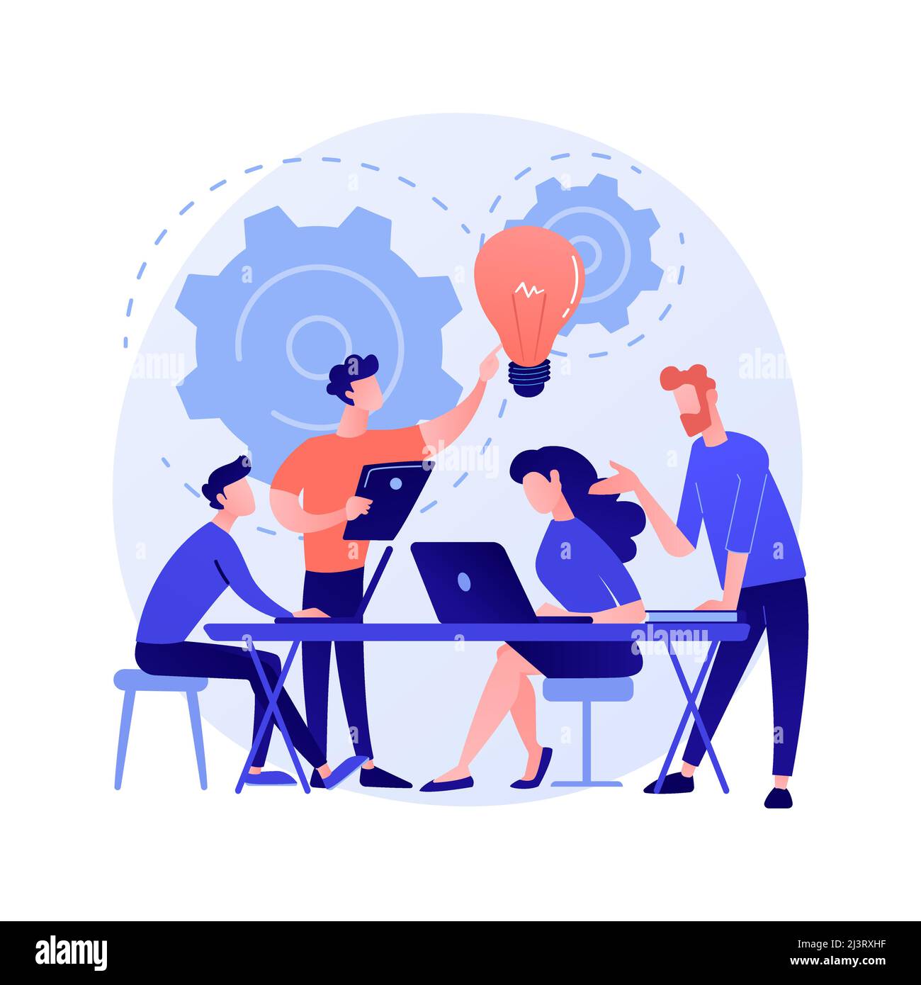 Firmenmeeting. Mitarbeiter Cartoon-Figuren diskutieren Geschäftsstrategie und Planung weiterer Maßnahmen. Brainstorming, formale Kommunikation, Semina Stock Vektor