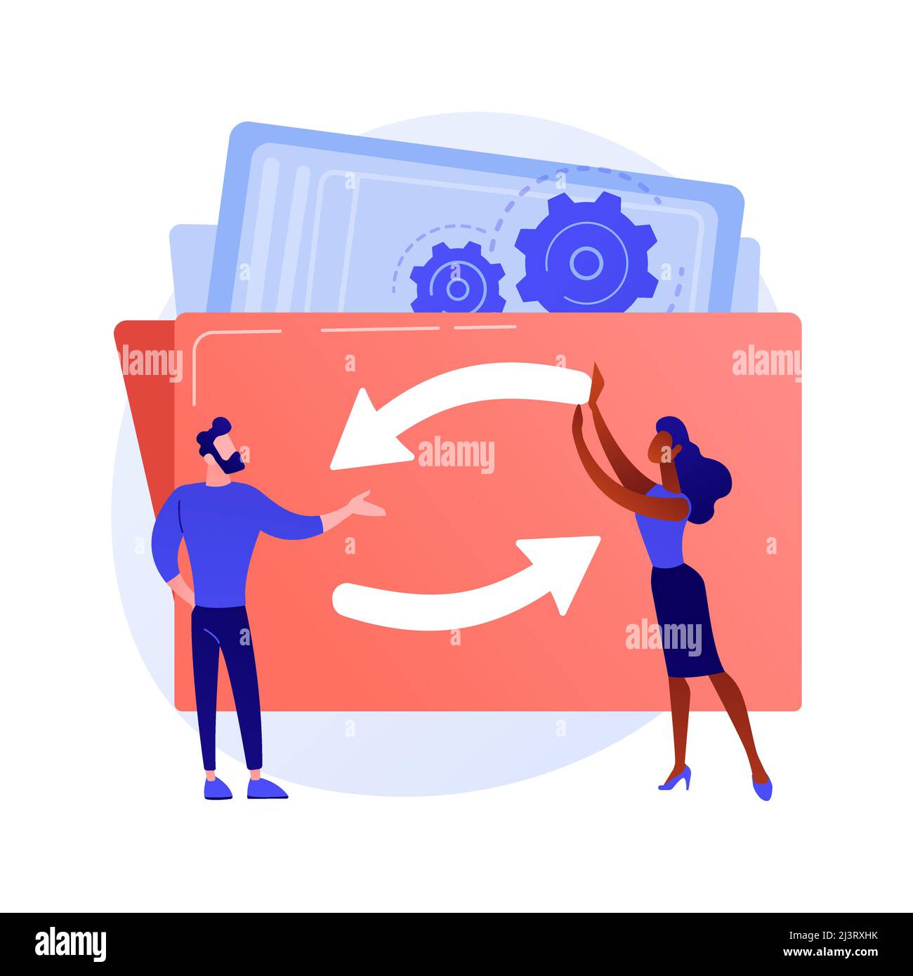 Mechanismus der Teamarbeit. Cartoon-Figuren drehen Getriebe zusammen. Coworking, Zusammenarbeit, Partnerschaft. Technologie für Teambildung und Zusammenarbeit. Ve Stock Vektor