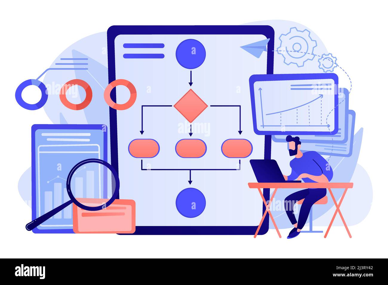 Analyst, der mit dem Automatisierungsprozess am Laptop arbeitet. Automatisierung von Geschäftsprozessen, Workflow von Geschäftsprozessen, automatisiertes Geschäftssystem-Konzept. Pinkfarbenes Dekor Stock Vektor