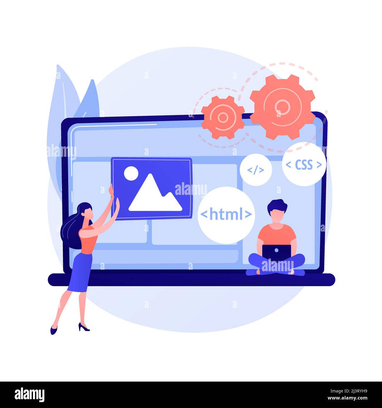 CSS und HTML Programmiersprachen. Computer-Programmierung, Codierung, ES. Weibliche Programmierer Cartoon-Charakter. Software, Website-Entwicklung. Vektorisol Stock Vektor