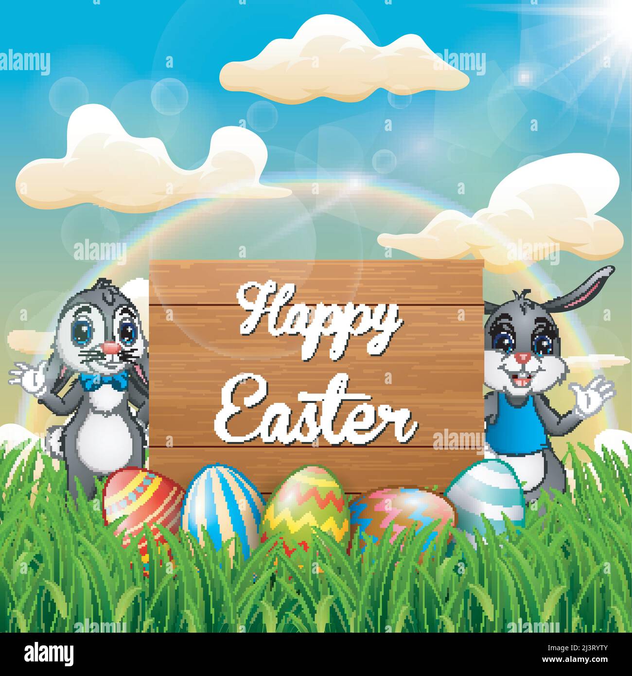 Cartoon Osterhase mit Ostereiern neben einem Holzschild Stock Vektor