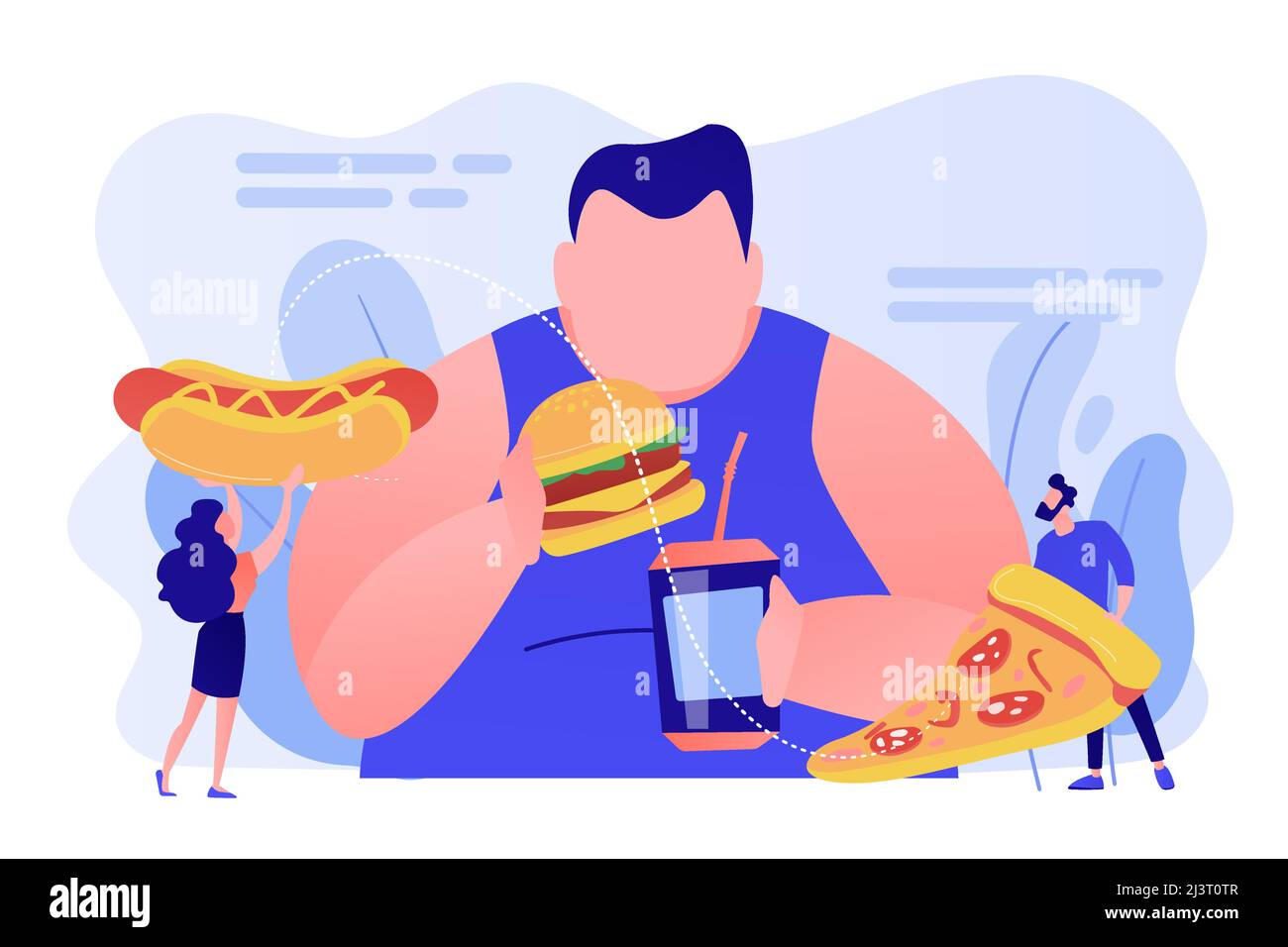 Übergewichtiger Mann essen Burger, kleine Menschen geben Fast Food. Überessende sucht, Binge-Eating-Störung, zwanghaftes überessendes Behandlungskonzept. Rosa Stock Vektor