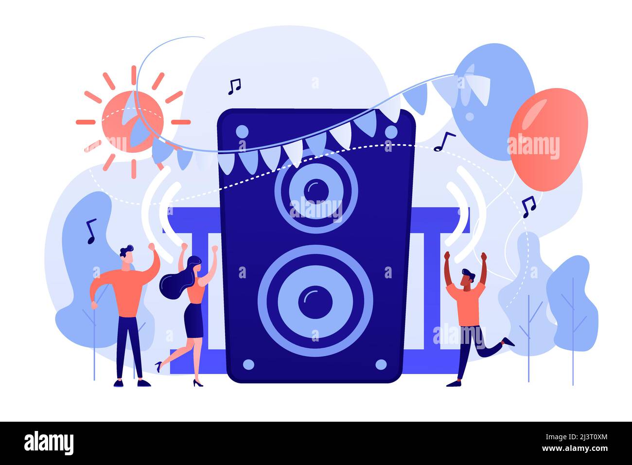 Junge, kleine Menschen hören Musik und tanzen im Stadtpark bei einer Sommerparty. Open-Air-Party, Open-Air-Veranstaltung, Tanzevent im Freien Konzept. Rosafarbige CO Stock Vektor
