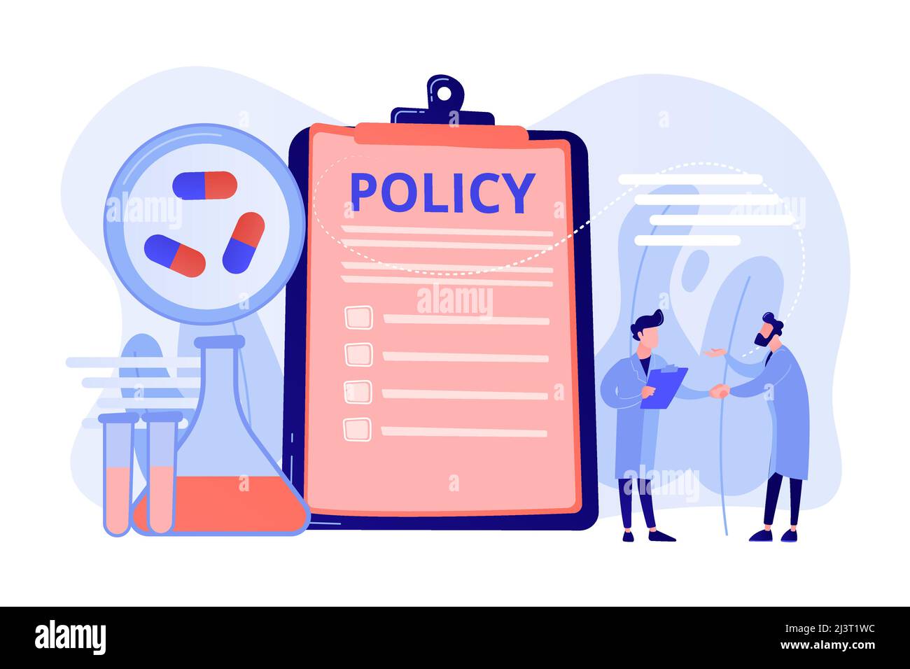 Pharmapolitik in der Zwischenablage und Forscher, kleine Menschen. Pharmapolitik, Pharmalobby, Konzept zur Kontrolle der Arzneimittelproduktion. Pinkis Stock Vektor