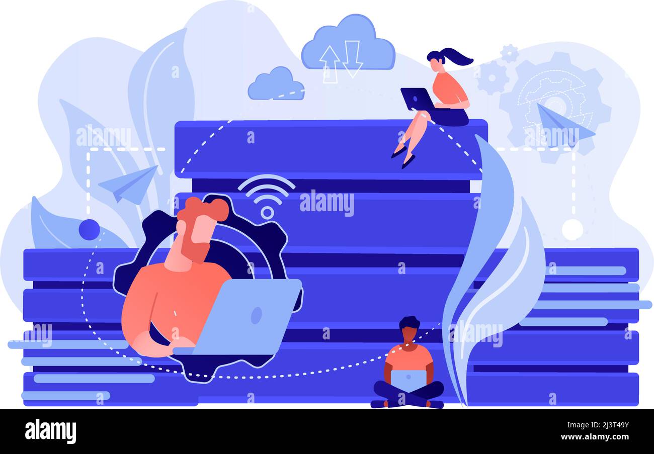 Benutzer mit Laptops, die mit Datenbanken arbeiten. Datenspeicherung und -Organisation, Informationszugriff und -Management, Big-Data-Schutzkonzept. Vektor-Isolat Stock Vektor