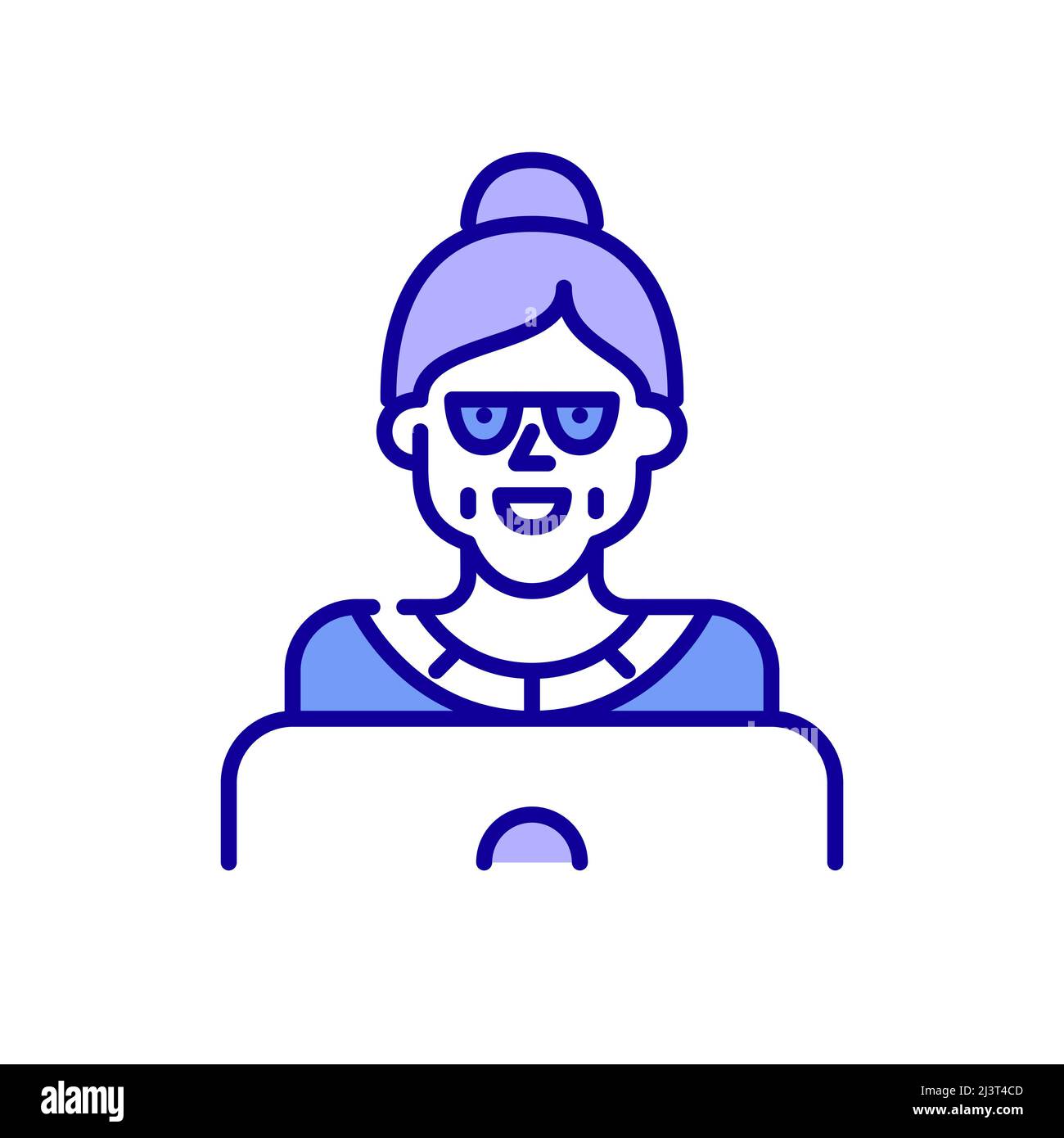 Oma trägt eine Brille und chattet in den sozialen Medien an einem Laptop. Pixel-perfektes, bearbeitbares Symbol für Konturfarbe Stock Vektor