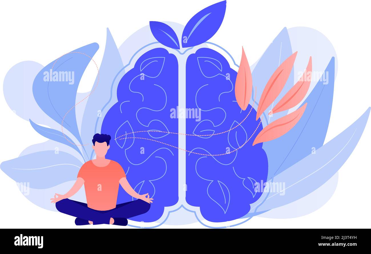 Benutzer übt Achtsamkeitsmeditation in Lotushaltung. Achtsames Meditieren, geistige Ruhe und Selbstbewusstsein, Konzentration und Freisetzung von Stress concep Stock Vektor