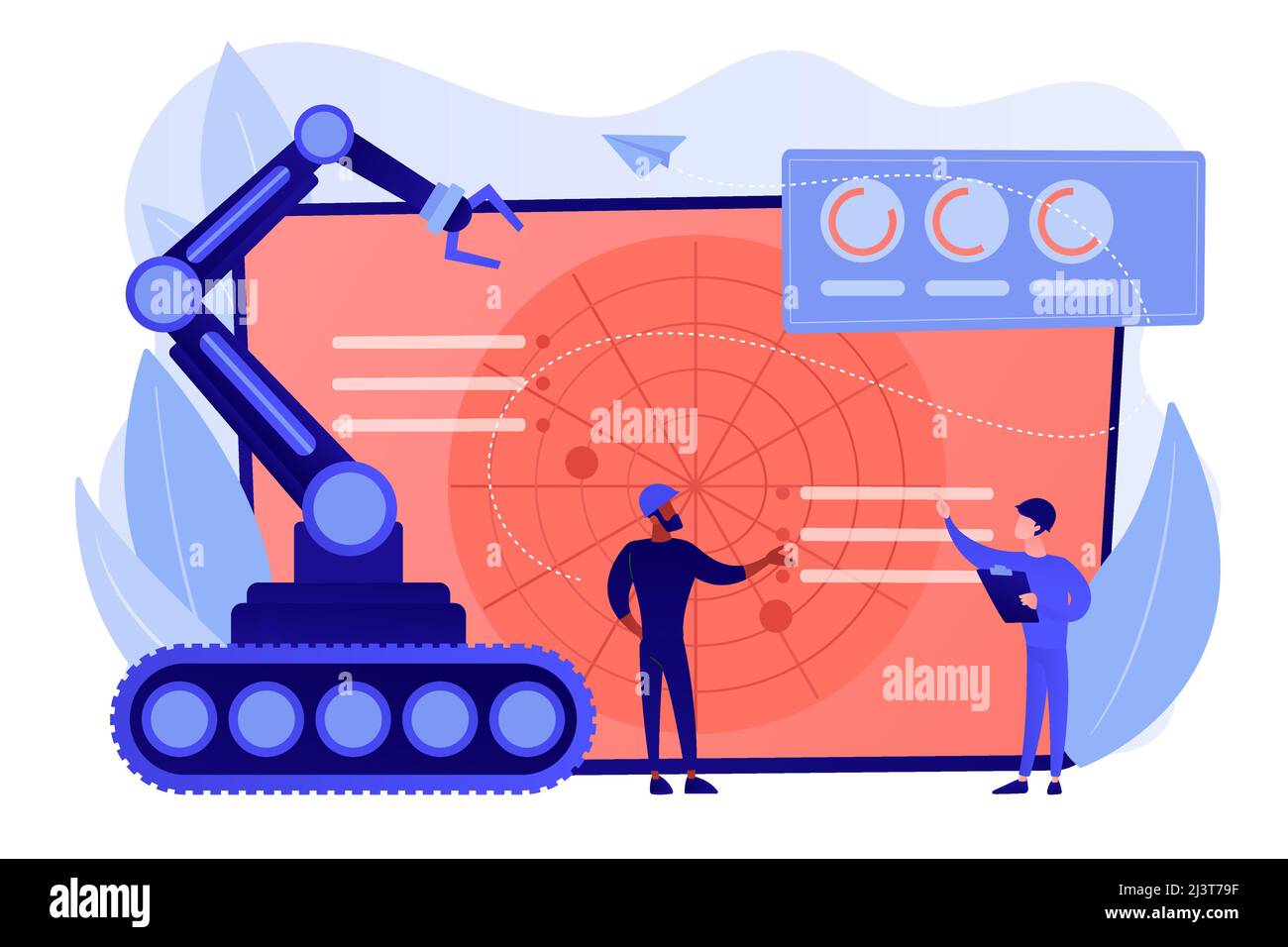 Soldaten am Radar planen, Roboter für militärische Aktionen zu verwenden. Militärische Robotik, automatisierte Armeemaschinen, militärische Robotertechnologien Konzept. Pinkis Stock Vektor