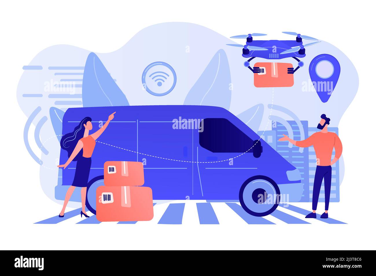 Autonomer Lieferwagen mit Sensoren und Drohne, die Paket liefert. Autonomer Kurier, fahrerloser Lieferservice, modernes Paketdienstkonzept. Pin Stock Vektor