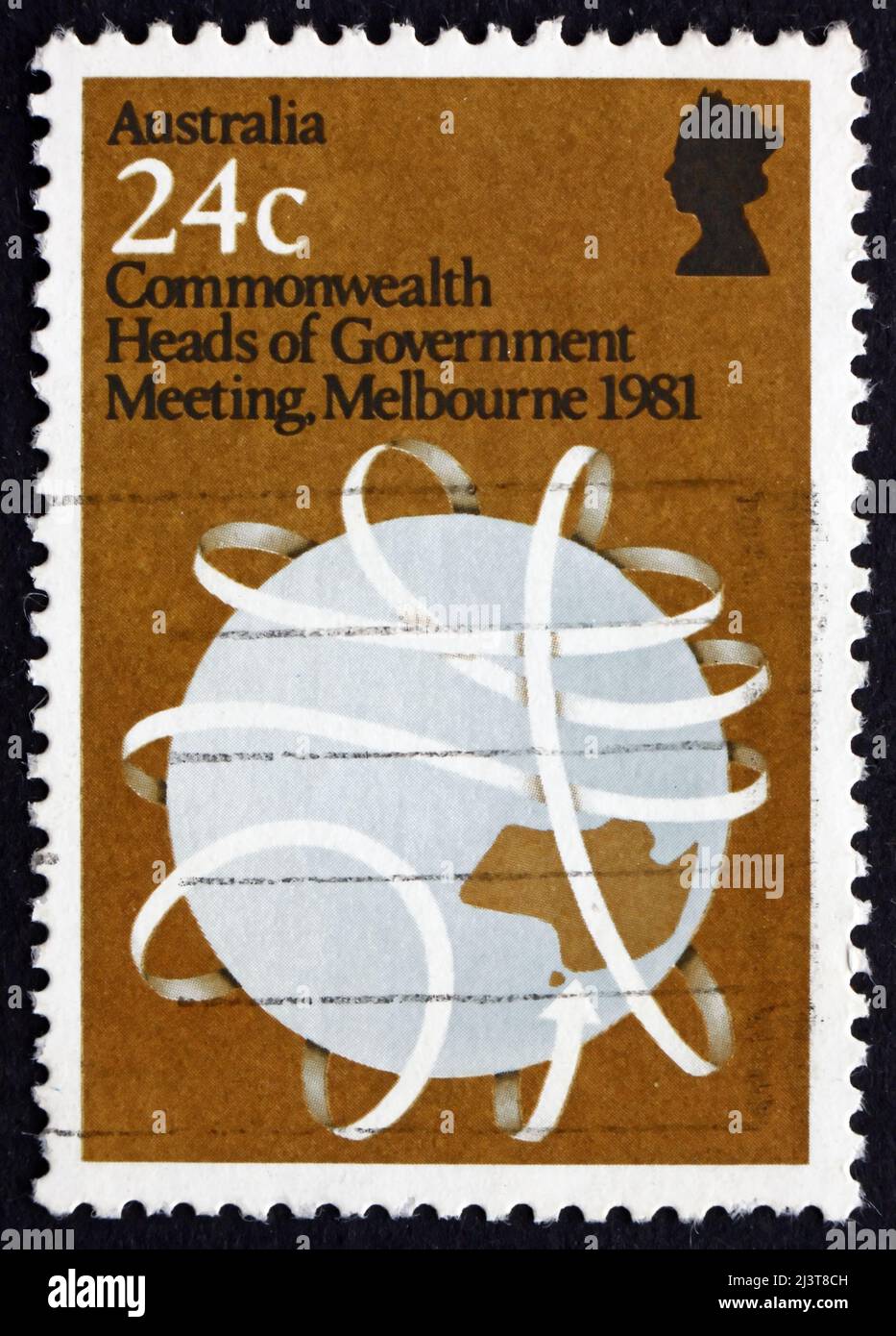 AUSTRALIEN - UM 1981: Eine in Australien gedruckte Marke zeigt Globe, Commonwealth Heads of Government Meeting, Melbourne, um 1981 Stockfoto