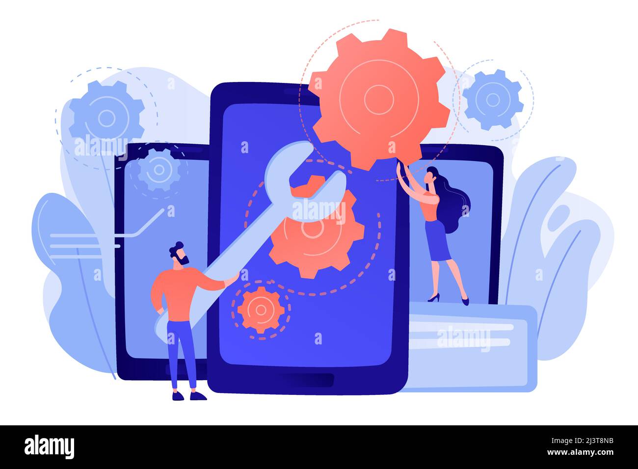 Servicetechniker mit großem Schraubenschlüssel reparieren Smartphone-Bildschirm mit Zahnrädern. Reparatur von Smartphones, Handy-Service, Reparaturkonzept am selben Tag. Rosafarbige CO Stock Vektor