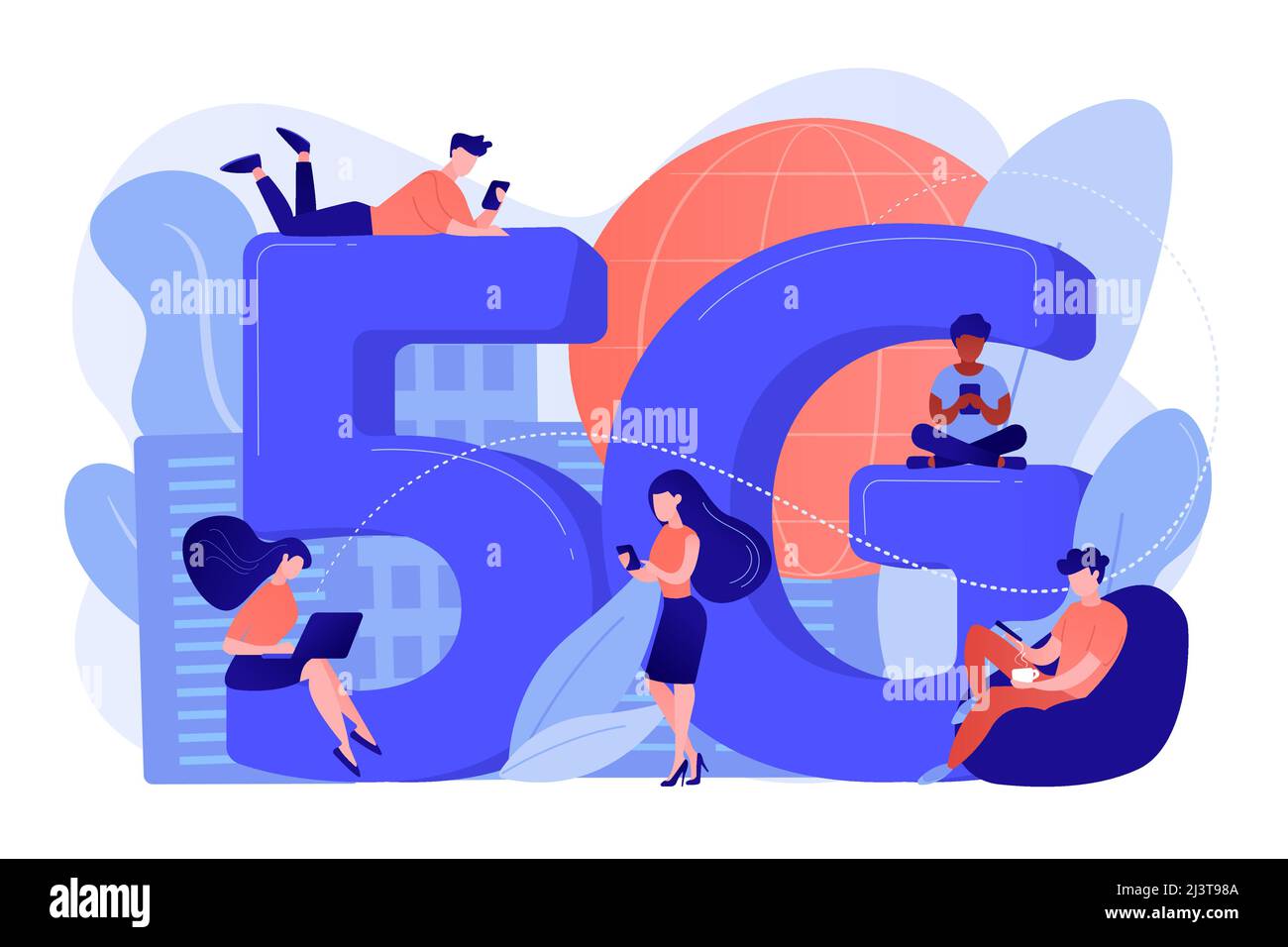 Kleine Geschäftsleute mit mobilen Geräten, die die 5g-Technologie nutzen. 5g-Netz, Konnektivität der nächsten Generation, modernes Mobilfunkkonzept. Rosafarben c Stock Vektor
