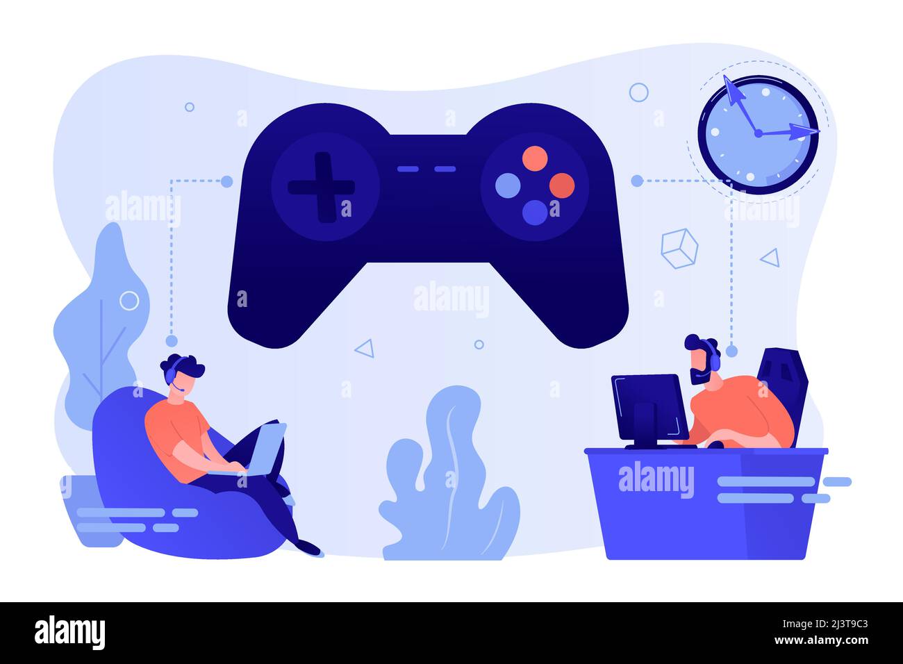 Kleine Leute Gamer spielen Online-Videospiel, riesigen Joystick und Uhr. Gaming-Störung, Video-Gaming-sucht, verringerte Aufmerksamkeitsspanne Konzept. Rosa Stock Vektor