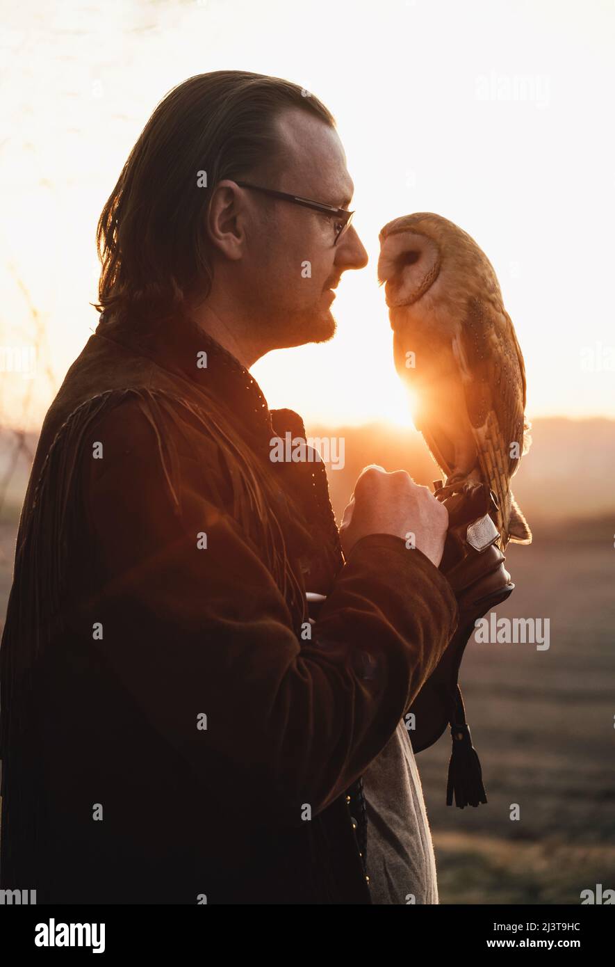 Mensch und Wildvögel über dem Sonnenuntergangshimmel auf dem Feld, die sich gegenseitig betrachten Eule Symbol der Macht, Weisheit Reichtum, lernende Person in der Brille, Sehprobleme Stockfoto