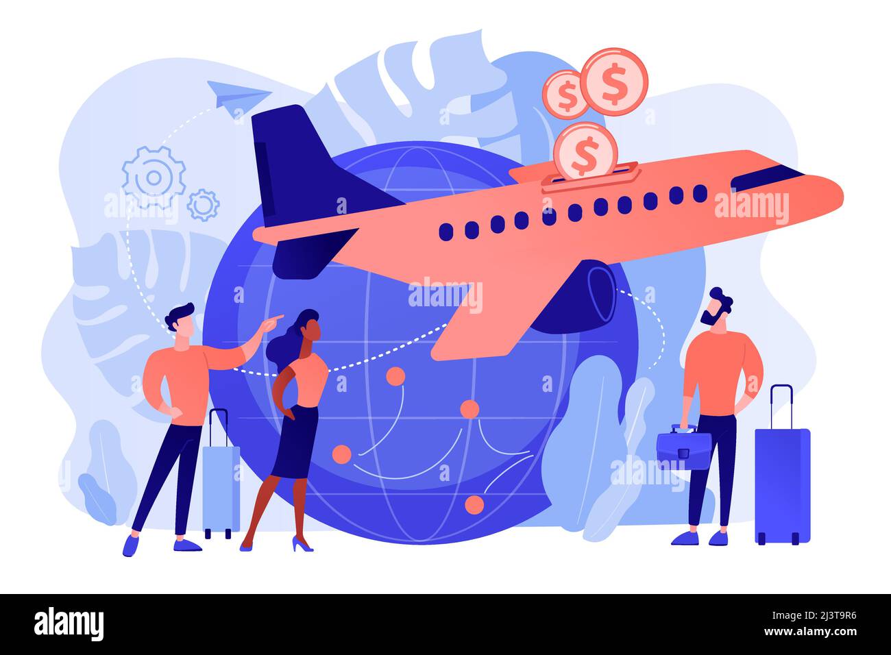 Günstige Flugtickets für den Luftverkehr. Günstige Angebote für Last-Minute-Flüge. Economy Class-Fluggesellschaften für Touristen, Reisende mit begrenztem Budget. Pi Stock Vektor