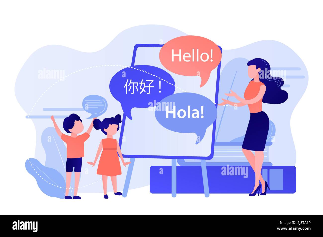 Kleine Leute, Lehrer und Kinder im Lager, die Englisch und Chinesisch lernen. Sprachlernlager, Sommersprachprogramm, Fremdsprachenkonzept lernen. Stock Vektor