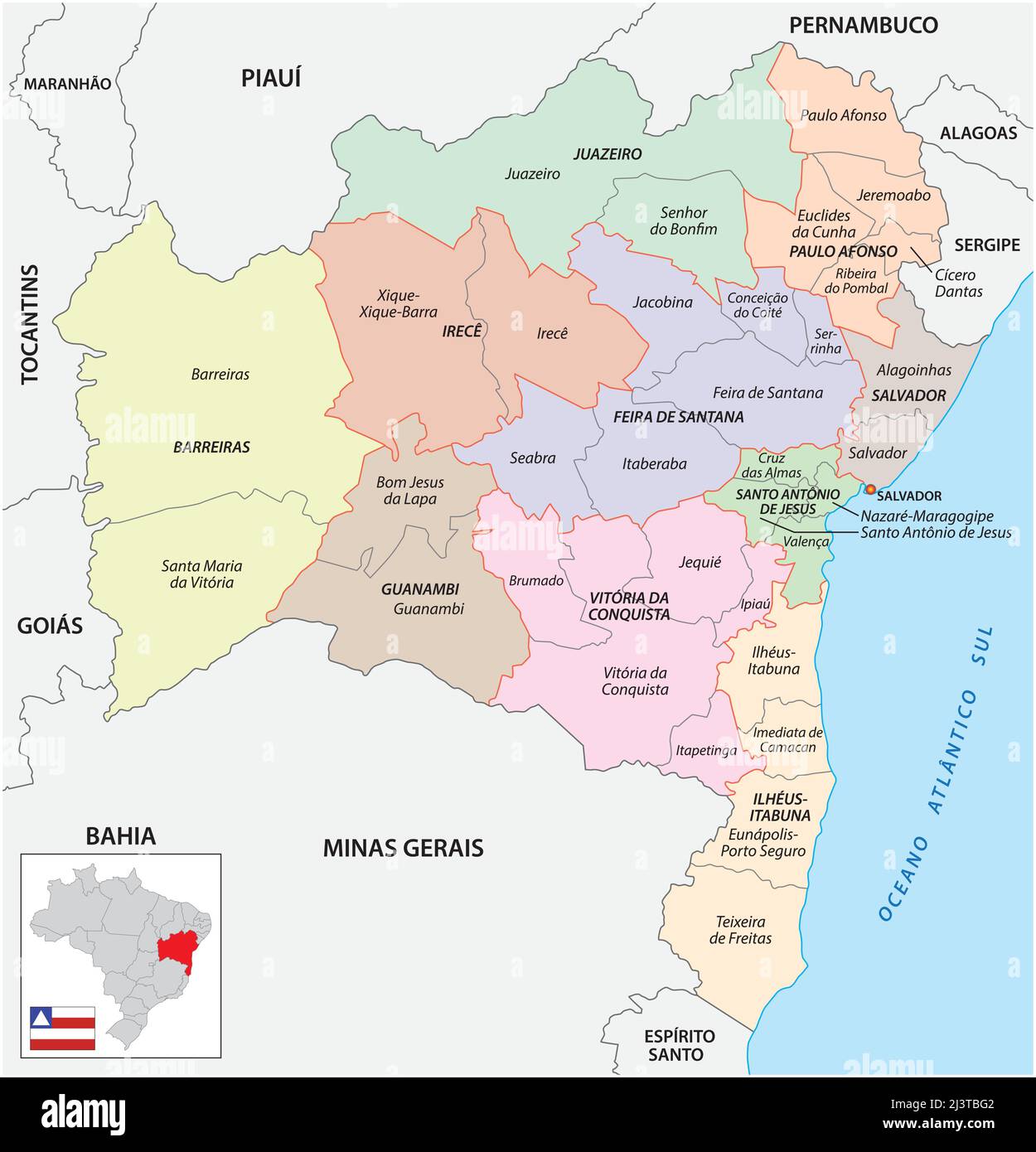 Karte der zentralen und unmittelbaren geographischen Regionen von Bahia Stock Vektor