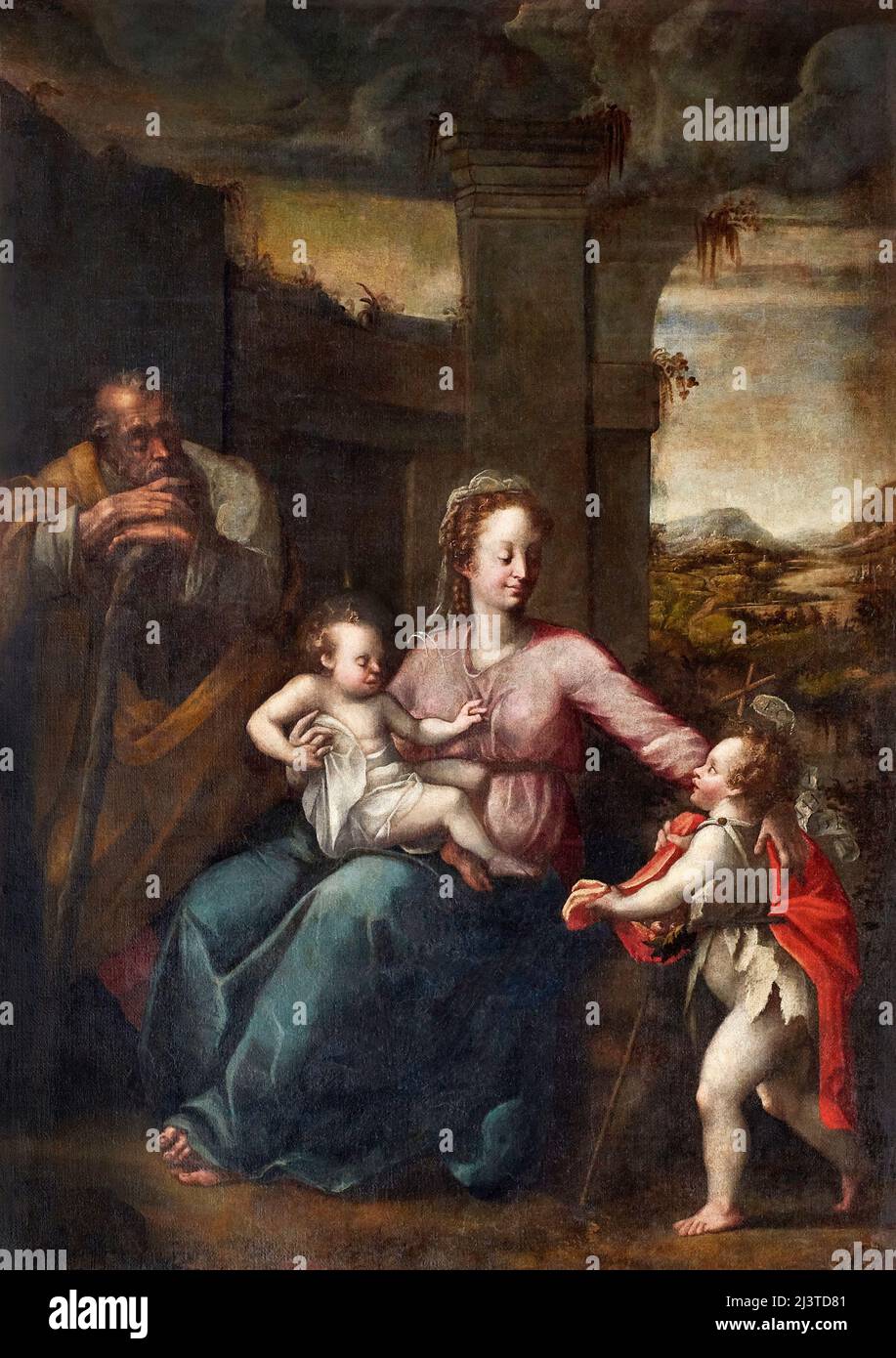Heilige Familie mit dem Kind des heiligen Johannes des Täufers - Öl auf Leinwand - Teodoro Ghisi - 16. Jahrhundert - Viadana (Mn), Italien, Kirche der heiligen Maria im Schloss Stockfoto