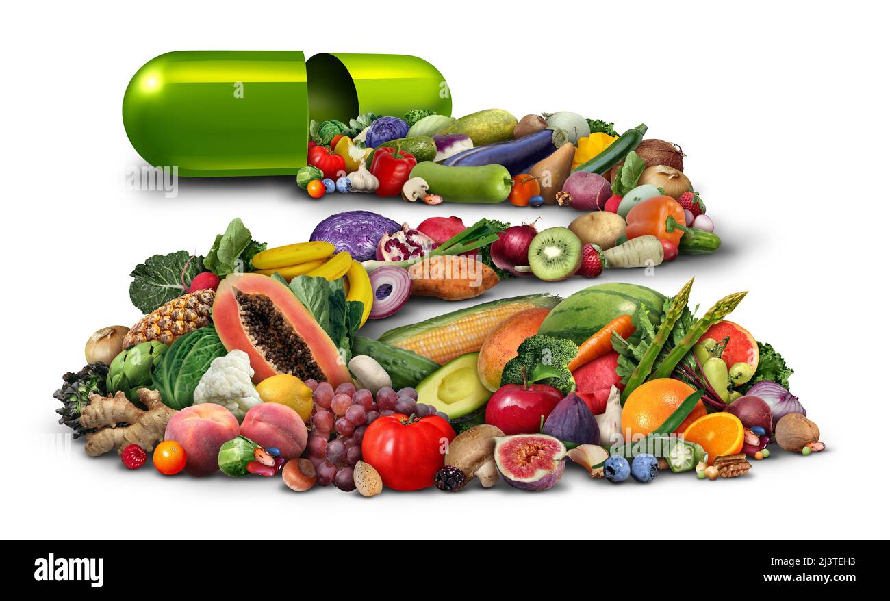 Natürliche Vitaminernährung und Nahrungsergänzungsmittel als Kapsel mit Nüssen und Bohnen aus Obst und Gemüse in einer Nährstoffpille als natürliche Medizin. Stockfoto