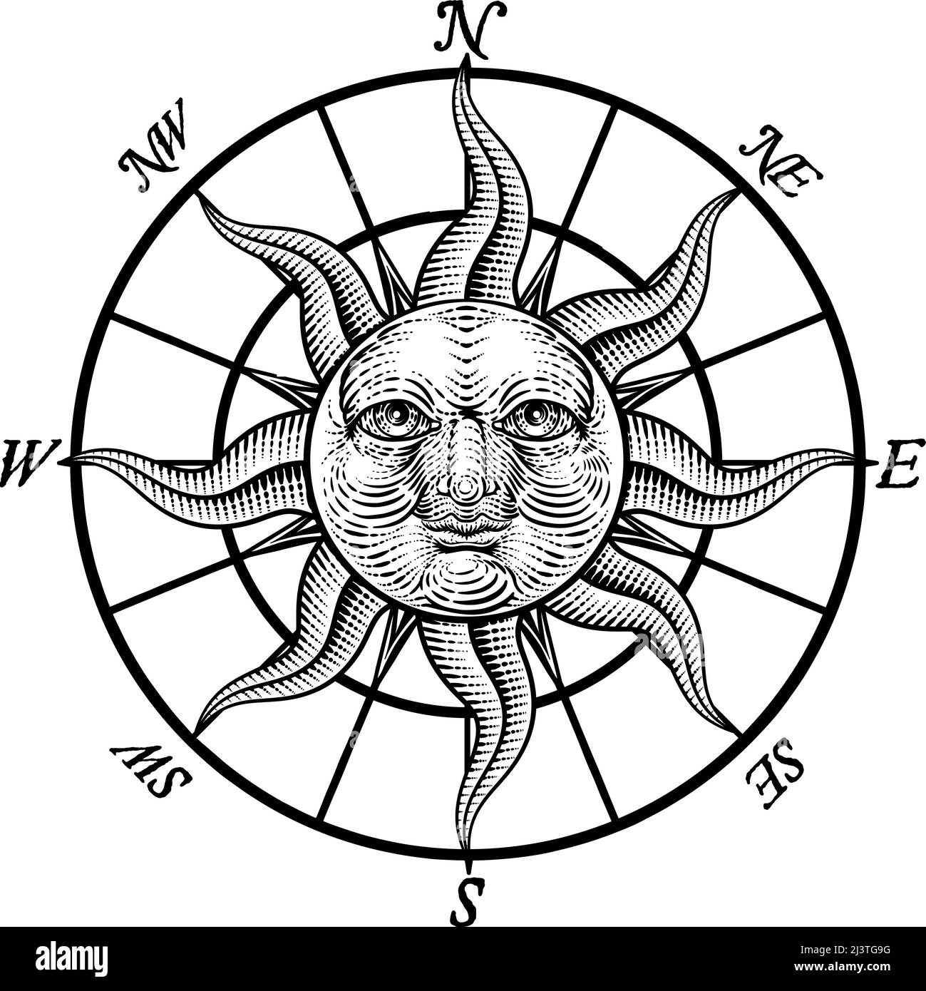 Kompass Sonne Gesicht Ätzrose Holzschnitt Zeichnung Stock Vektor