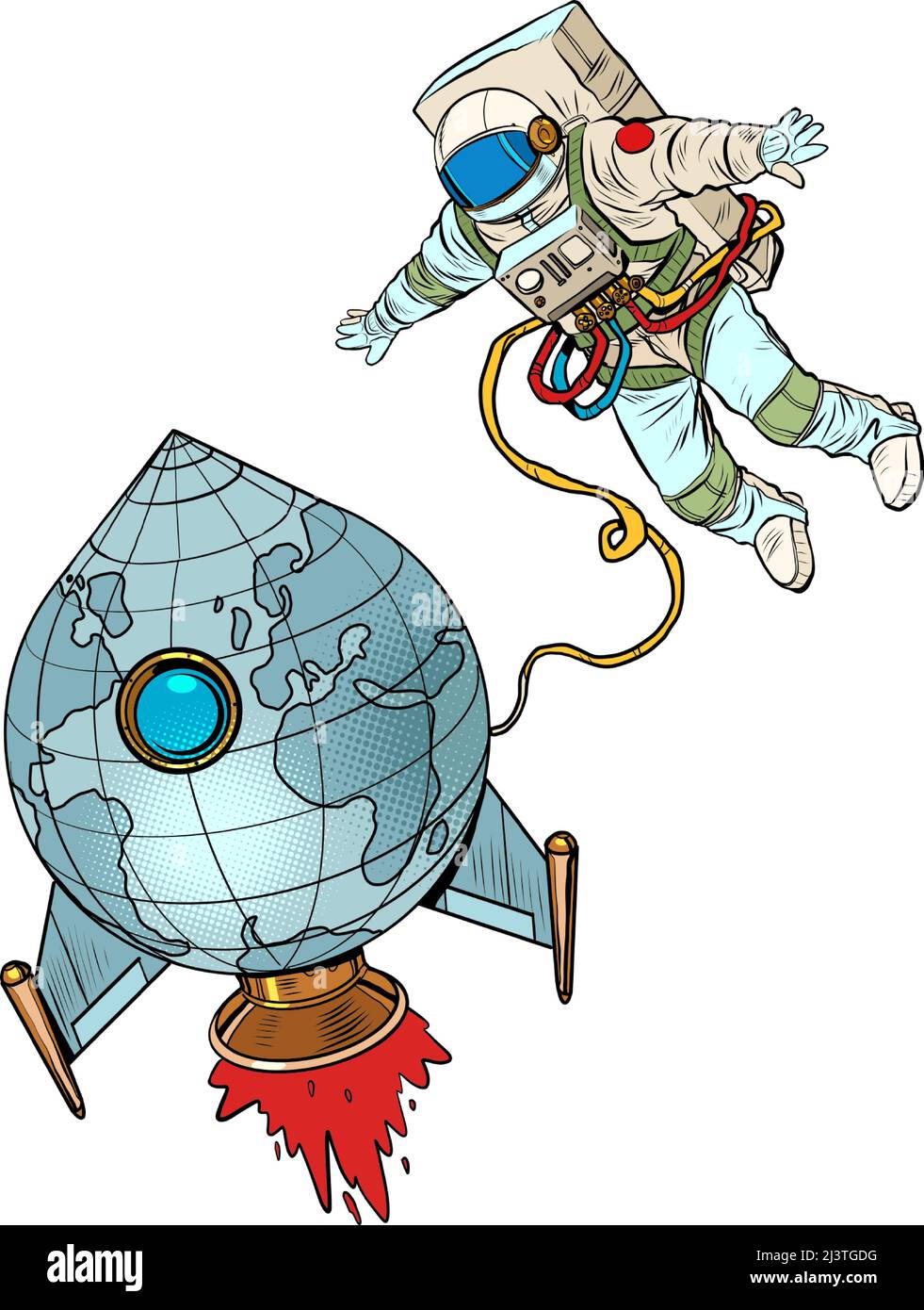 Der Planet Erde ist wie eine Rakete und ein Astronaut fliegt im All. Die Menschheit und das Universum Konzept. Pop Art Retro Vektor Illustration 50s 60s Kitsch Stock Vektor
