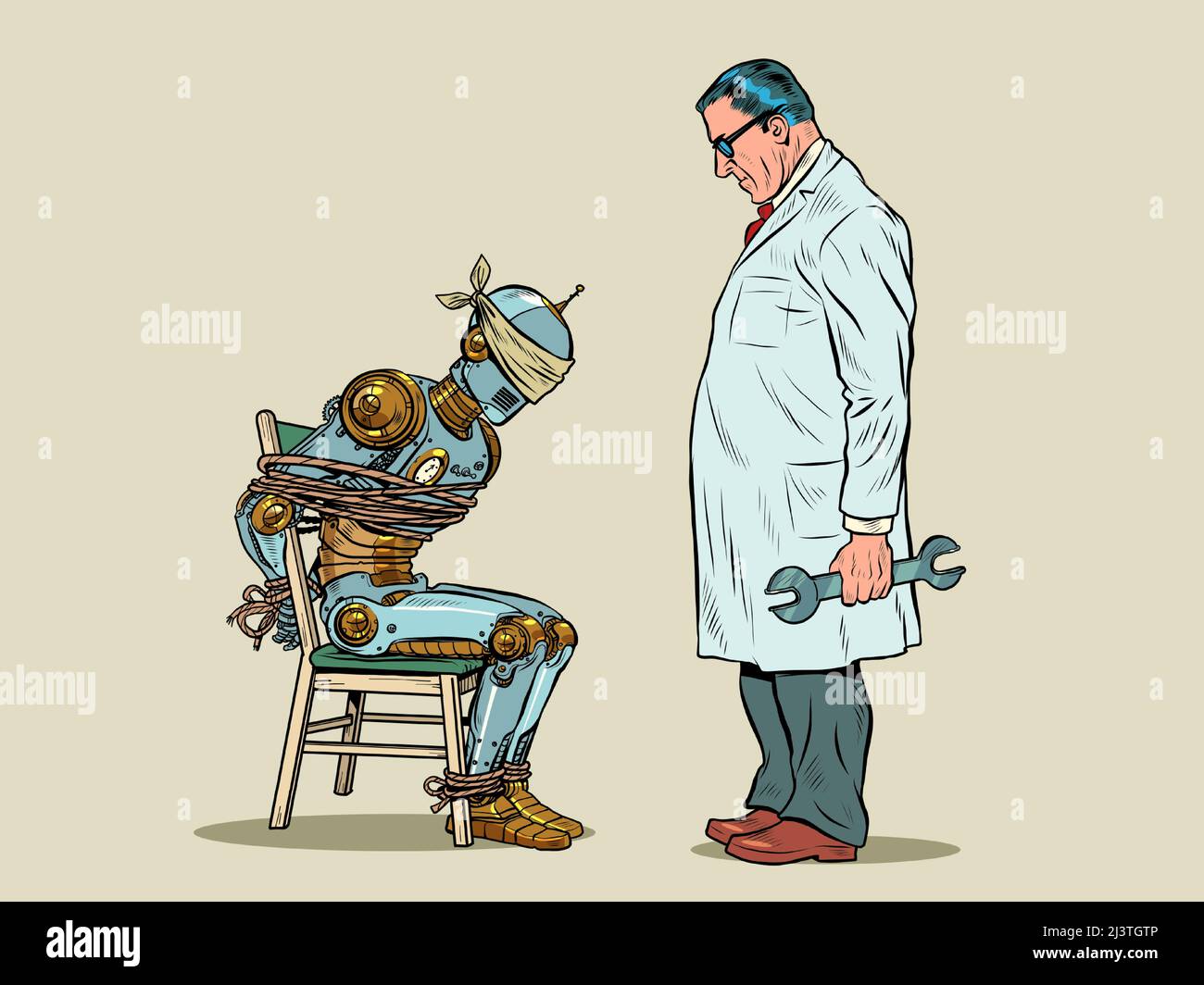 Ein Wissenschaftler-Designer foltert und verhört einen Gefangenen-Roboter. Der Roboter ist gefesselt und mit geschlossenen Augen. Gefangenschaft. Pop Art Retro Vektor Illust Stock Vektor