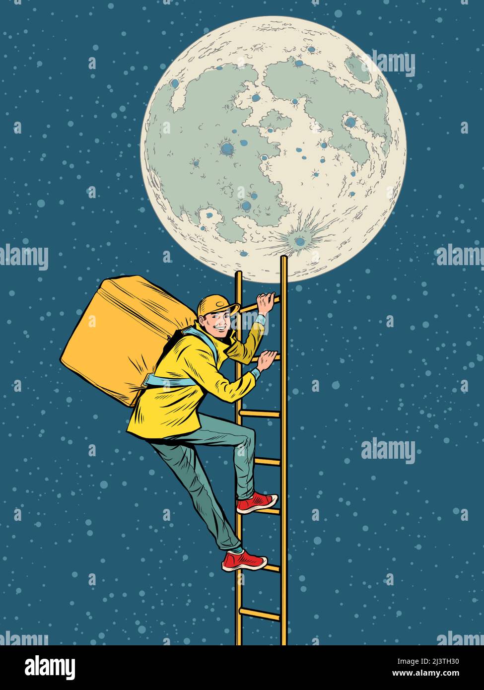 Food Delivery Kurier, Arbeiter steigt Treppen zum Mond. City Service. Pop Art retro Vektor Illustration Comic Karikatur 50s 60s Stil vintage Kitsch Stock Vektor