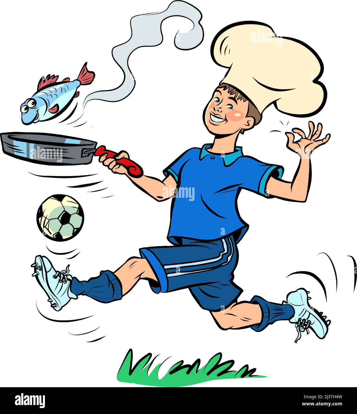 Junge Koch Fußballspieler fries Fisch, Kindheit und Berufe. Pop Art retro Vektor Illustration Comic Karikatur 50s 60s Stil vintage Kitsch Stock Vektor