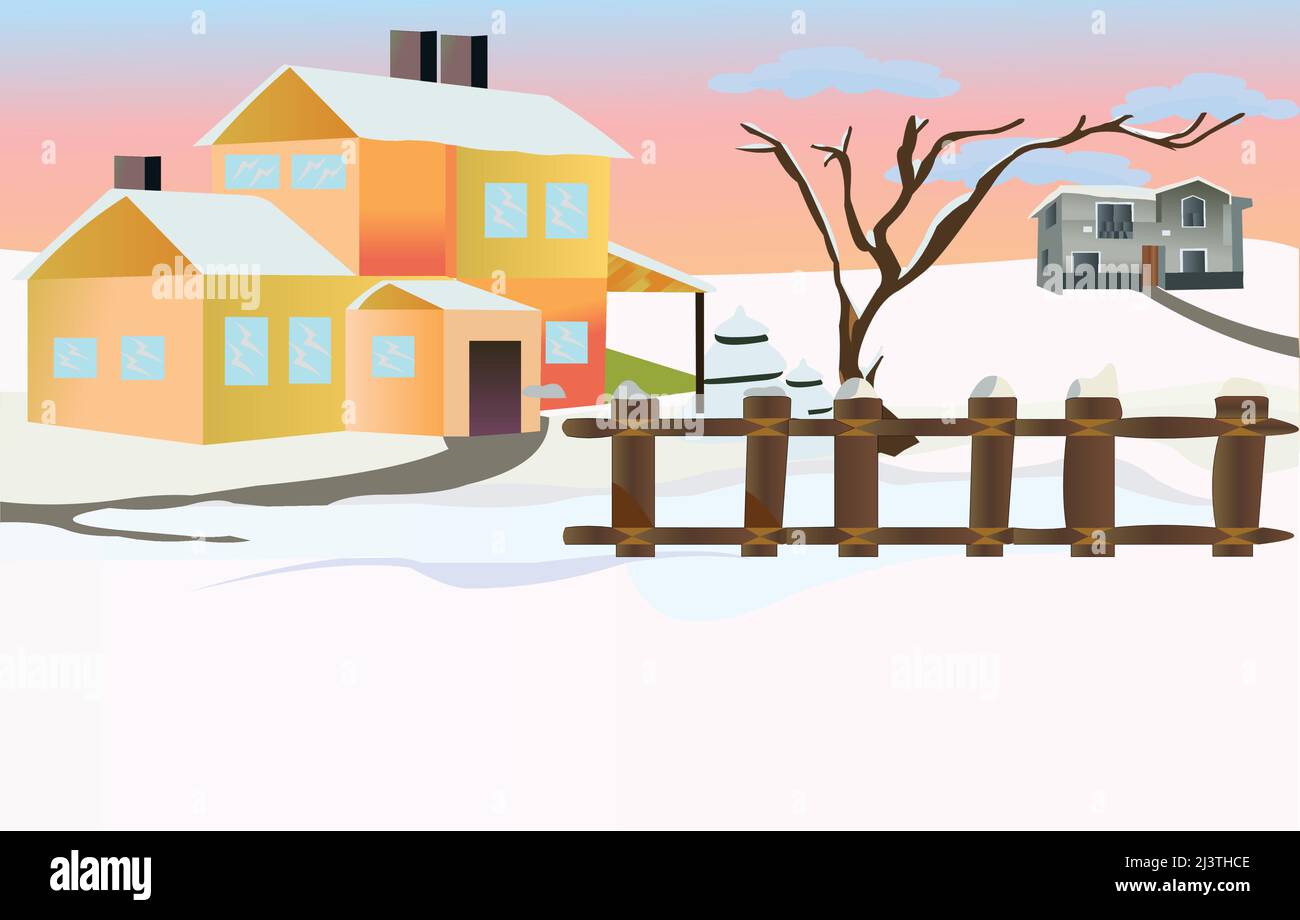 Schnee Landschaft Feld Bereich mit Häusern Vektor-Grafik Illustration. Stock Vektor