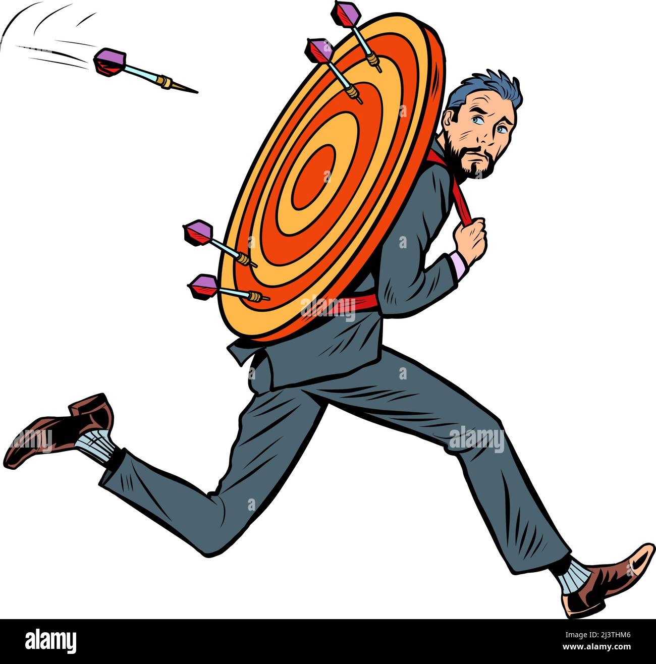 Geschäftsmann Mann Ziel läuft weg Ziel Dart Ziel Genauigkeit Wettbewerb, Sport Spaß und Erholung. Pop Art Retro Vektor Illustration Comic Karikatur Stock Vektor