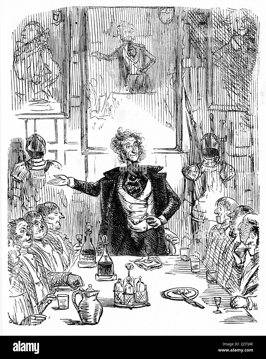Der Gastgeber spricht seine Gäste am Tisch an. Stahlstich von John Leech aus Robert Smith Surtees’ Mr. Sponge’s Sporting Tour, um 1850 Stockfoto