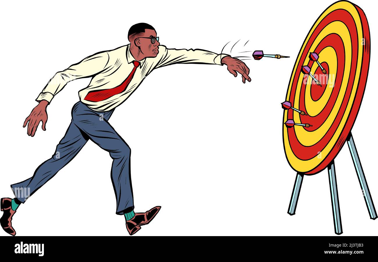 Afrikanischer Geschäftsmann Ziel Dart Ziel Genauigkeit Wettbewerb, Sport Spaß und Erholung. Pop Art retro Vektor Illustration Comic Karikatur 50s 60s sty Stock Vektor
