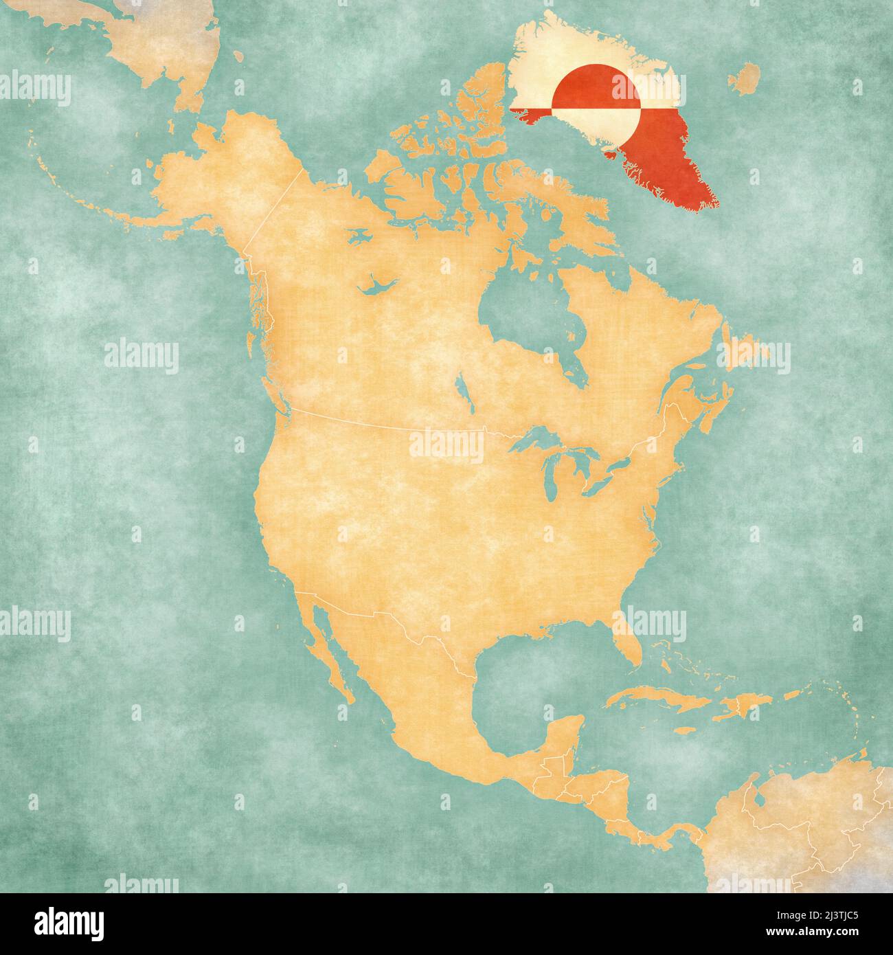 Grönland (Flagge) auf der Übersichtskarte von Nordamerika. Die Karte ist im Vintage-Sommer-Stil und in sonniger Stimmung. Die Karte hat eine weiche Grunge und Vintage-Atmosphäre Stockfoto